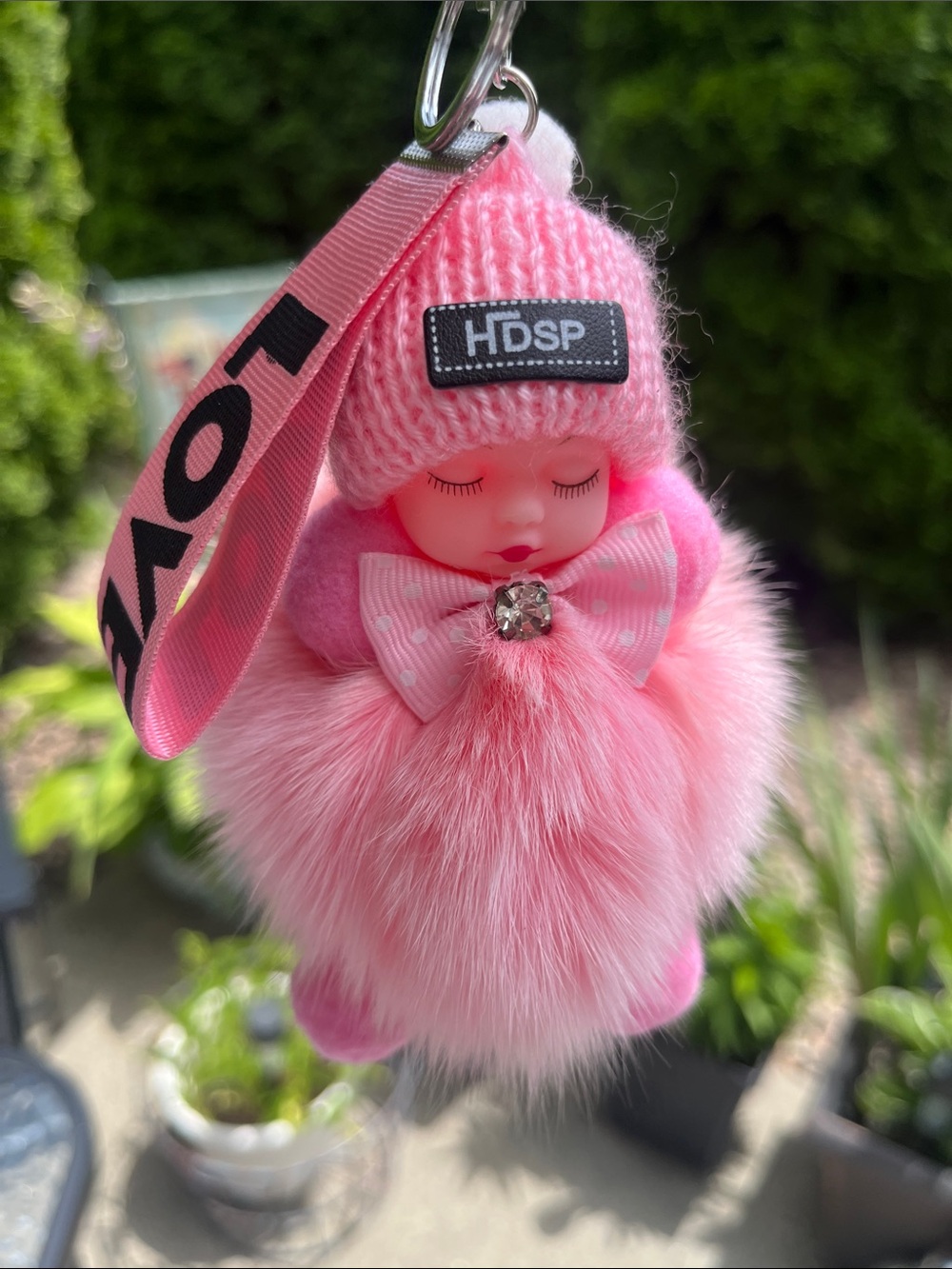 Pink Plush Baby Doll Bag Charm/Keychain - w/Cute Pink / Love Strap